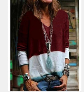 V-collar Collage Tie Long-sleeved Casual Blouse T-shirt