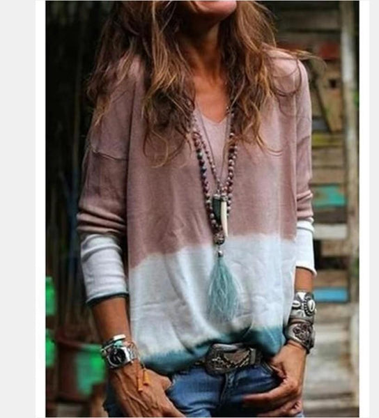 V-collar Collage Tie Long-sleeved Casual Blouse T-shirt