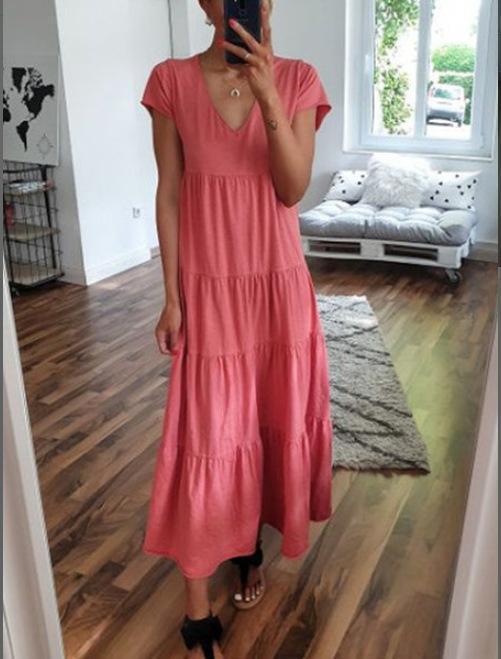 V-neck-fold Short Sleeve Multi-layer Casual Long-dress Dress