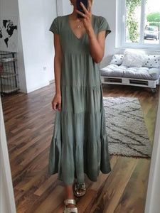 V-neck-fold Short Sleeve Multi-layer Casual Long-dress Dress