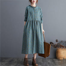 Load image into Gallery viewer, long sleeve cotton linen ruffle vintage floral dresses for women casual loose woman spring autumn dress elegant clothes