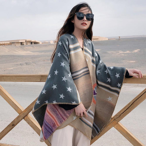 Ethnic style stars imitation cashmere split cloak shawl female autumn and winter fashion thick striped travel striped shawl scarf
