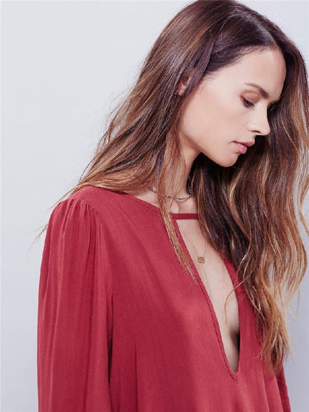 Bohemia three color Sexy V-neck lantern sleeve dress