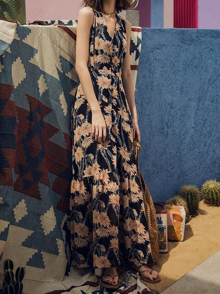 VINTAGE CHIFFON V-NECK SLEEVELESS FLORAL MAXI DRESS