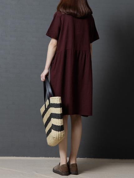 Plaid V Neck Short Sleeve Loose Linen Cotton Dress