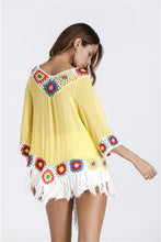Load image into Gallery viewer, Bohemian Hook crochet large size bamboo cotton long coat Yellow and White color