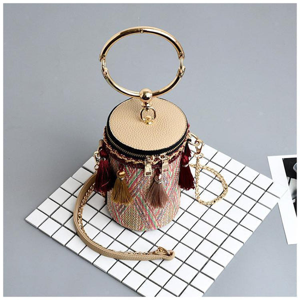 Fringe Barrel Chain Crossbody Woven Bag