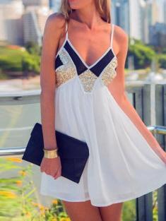 Summer New Stitching Contrast Color Sexy Sling Backless Dress
