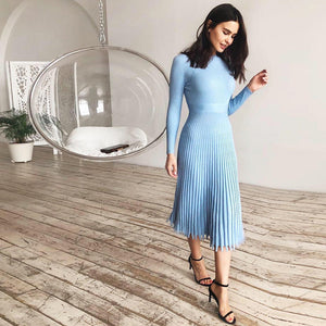 Fashion women's medium length sweater knitted solid Pleated Dress