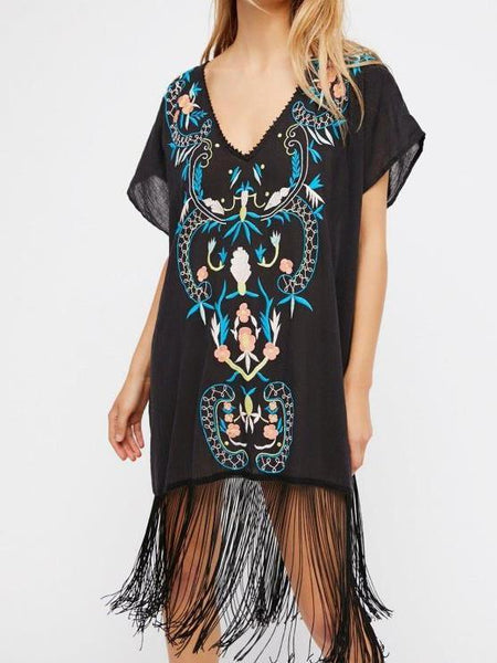 Bohemian style embroidered seaside resort DEEP V-neck sexy dress