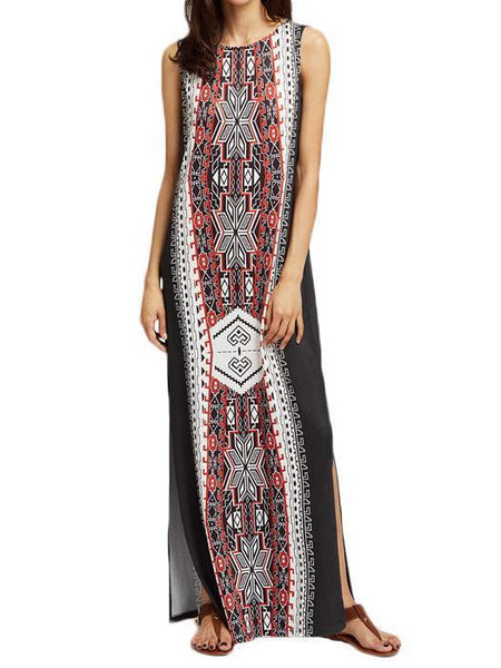 2018 Summer Print Sleeveless Split Kaftan Dress