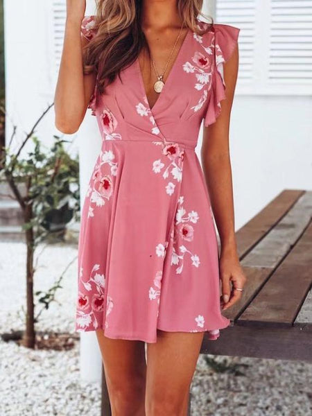 New Lotus leaf print A Hem V-neck chiffon short-sleeved dress