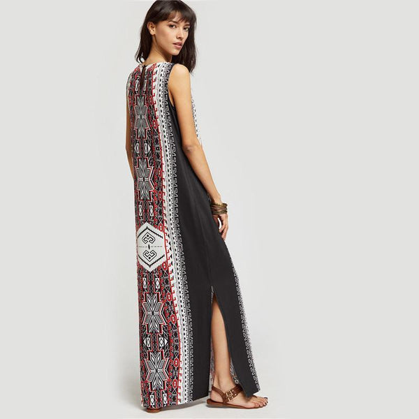 2018 Summer Print Sleeveless Split Kaftan Dress
