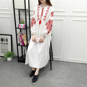 Embroidery Long Sleeve Loose Casual Maxi Dress