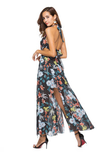 Floral Print Sleeveless Chiffon Beach Maxi Dress