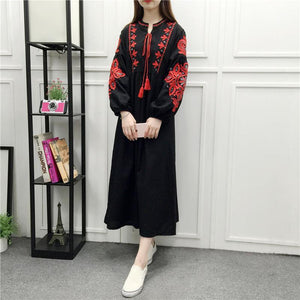 Embroidery Long Sleeve Loose Casual Maxi Dress