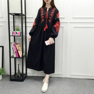 Embroidery Long Sleeve Loose Casual Maxi Dress