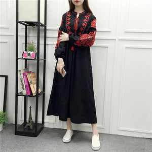 Embroidery Long Sleeve Loose Casual Maxi Dress