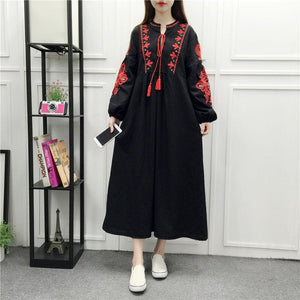 Embroidery Long Sleeve Loose Casual Maxi Dress