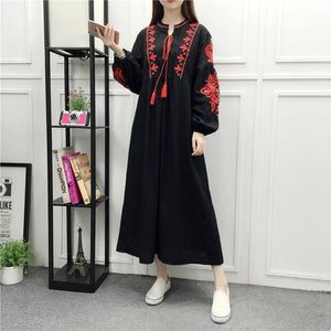 Embroidery Long Sleeve Loose Casual Maxi Dress