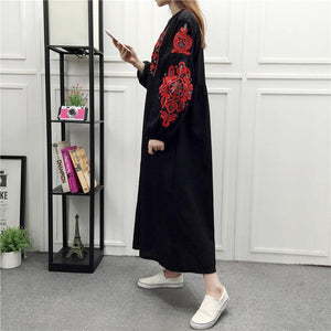 Embroidery Long Sleeve Loose Casual Maxi Dress