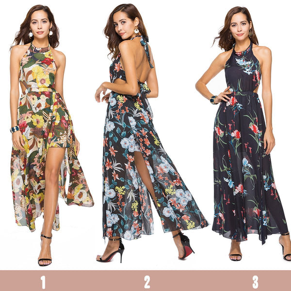Floral Print Sleeveless Chiffon Beach Maxi Dress