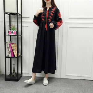 Embroidery Long Sleeve Loose Casual Maxi Dress