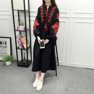 Embroidery Long Sleeve Loose Casual Maxi Dress