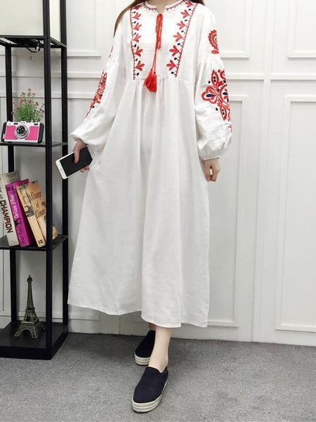 Embroidery Long Sleeve Loose Casual Maxi Dress