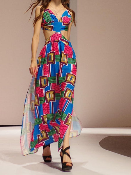 Print Spaghetti Strap Backless Split Maxi Dress