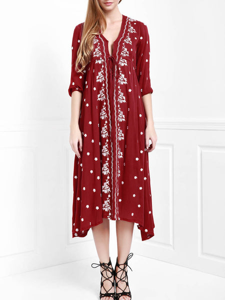 9 Colors Bohemian embroidered V-neck waist dress