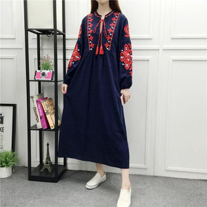 Embroidery Long Sleeve Loose Casual Maxi Dress