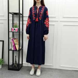 Embroidery Long Sleeve Loose Casual Maxi Dress