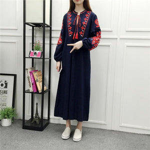 Embroidery Long Sleeve Loose Casual Maxi Dress