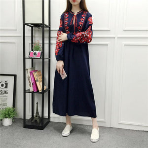 Embroidery Long Sleeve Loose Casual Maxi Dress