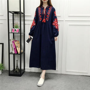 Embroidery Long Sleeve Loose Casual Maxi Dress