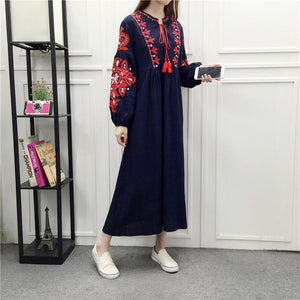 Embroidery Long Sleeve Loose Casual Maxi Dress