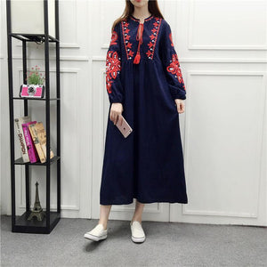 Embroidery Long Sleeve Loose Casual Maxi Dress