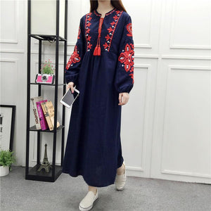 Embroidery Long Sleeve Loose Casual Maxi Dress