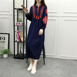 Embroidery Long Sleeve Loose Casual Maxi Dress