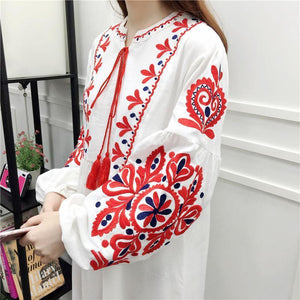 Embroidery Long Sleeve Loose Casual Maxi Dress