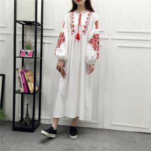 Embroidery Long Sleeve Loose Casual Maxi Dress