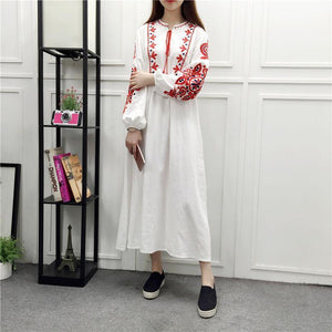 Embroidery Long Sleeve Loose Casual Maxi Dress