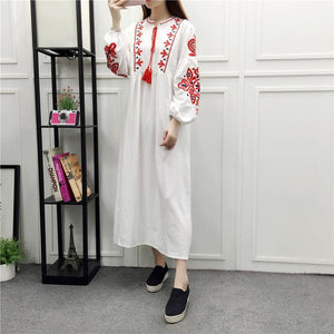 Embroidery Long Sleeve Loose Casual Maxi Dress