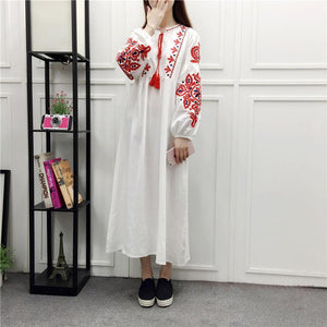 Embroidery Long Sleeve Loose Casual Maxi Dress