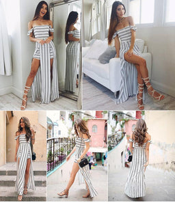 New Sexy Stripe Strapless Backless Irregular Beach Maxi Dress