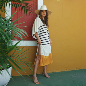 Striped Spring/Summer V-Neck Bat Sleeve Striped Dress