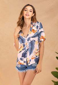 Women's summer Lapel print single breasted shirt