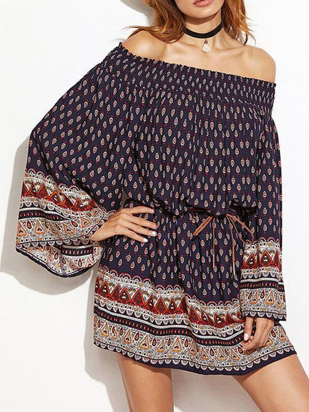 Retro Fashion Floral-Print Off-Shoulder Long Sleeve Plus Loose Mini Dress