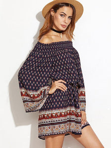 Retro Fashion Floral-Print Off-Shoulder Long Sleeve Plus Loose Mini Dress